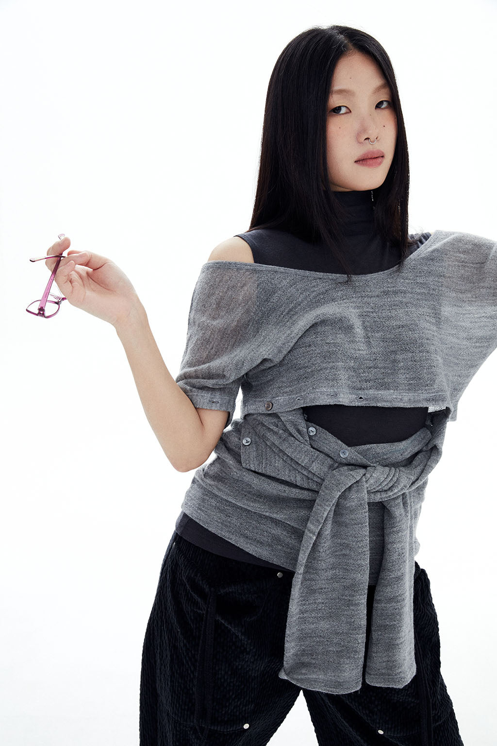 WOOL BUTTONS KNIT TOP / GRAY