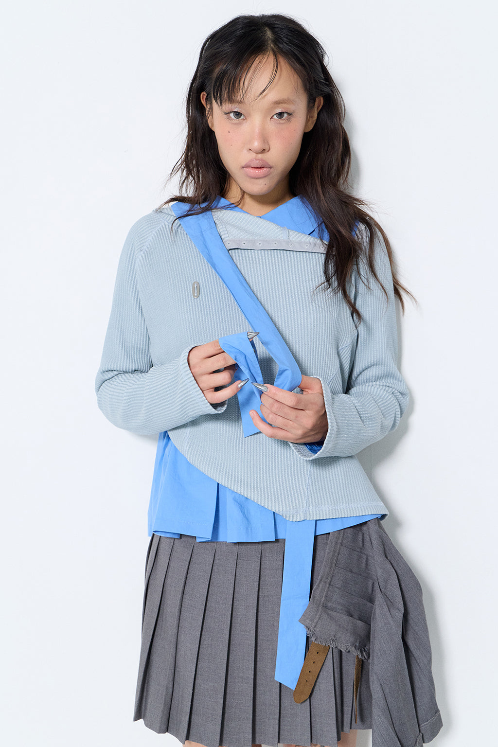 PIGMENT SLIM WAFFLE HOODIE / BLUE