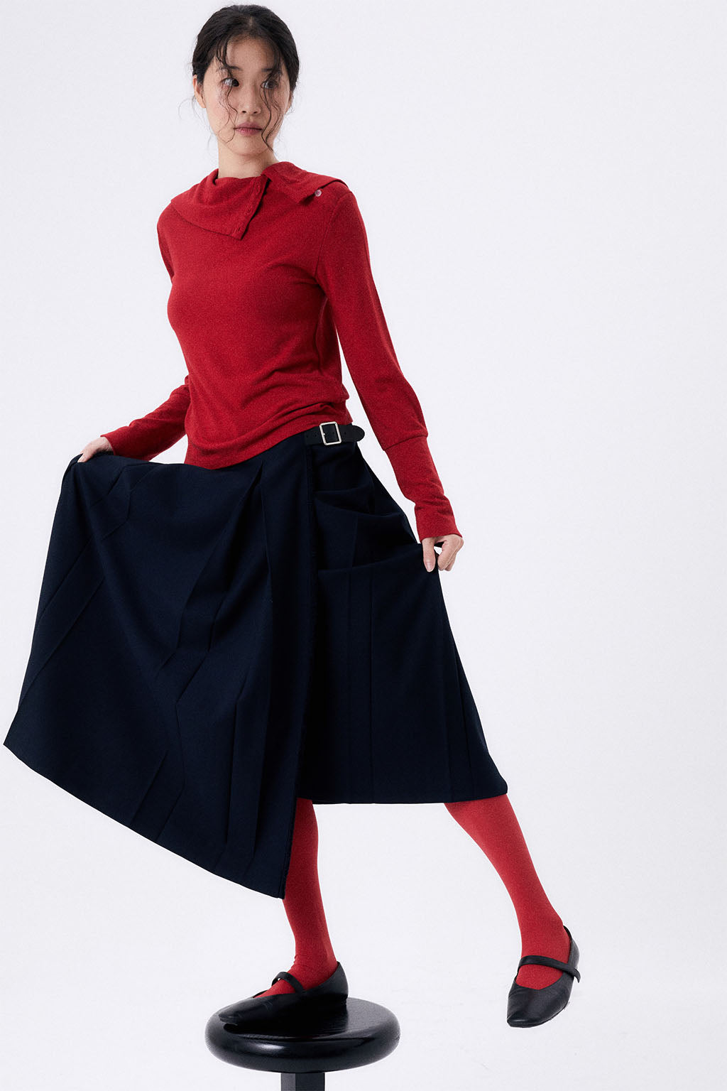 MAXI PLEATED WRAP SKIRT / NAVY