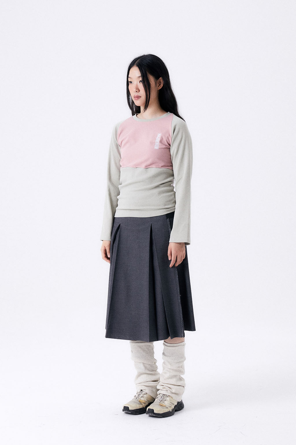 2 TONE RIB TIGHT TEE / KHAKI & PINK