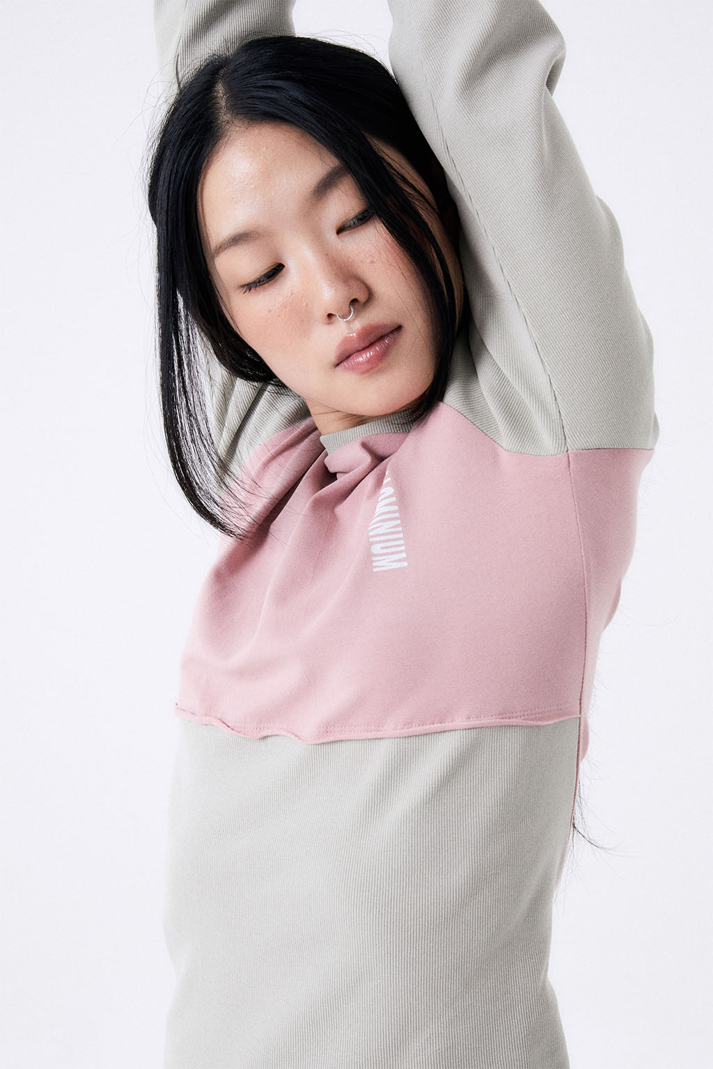 2 TONE RIB TIGHT TEE / KHAKI & PINK