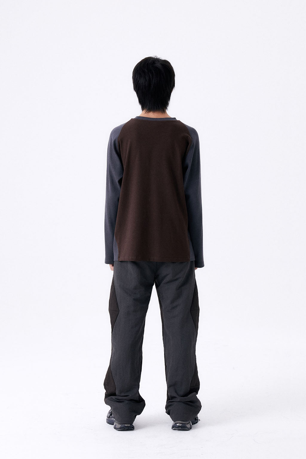 2 TONE RIB OVERSIZED TEE / GRAY & BROWN