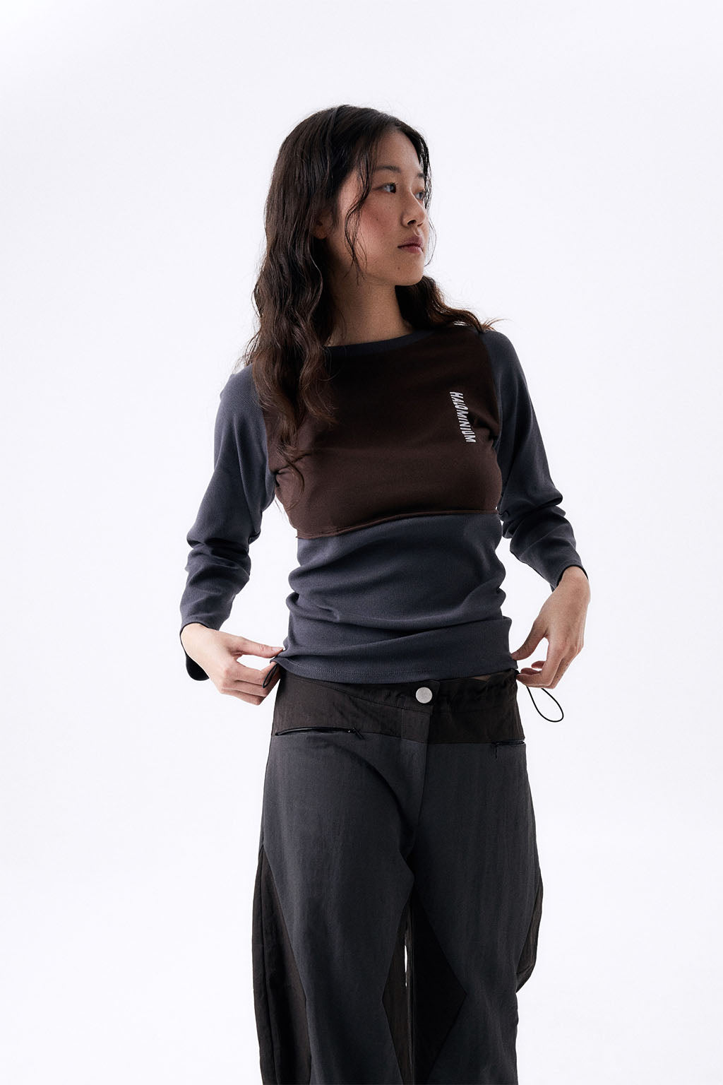 2 TONE RIB TIGHT TEE / GRAY & BROWN