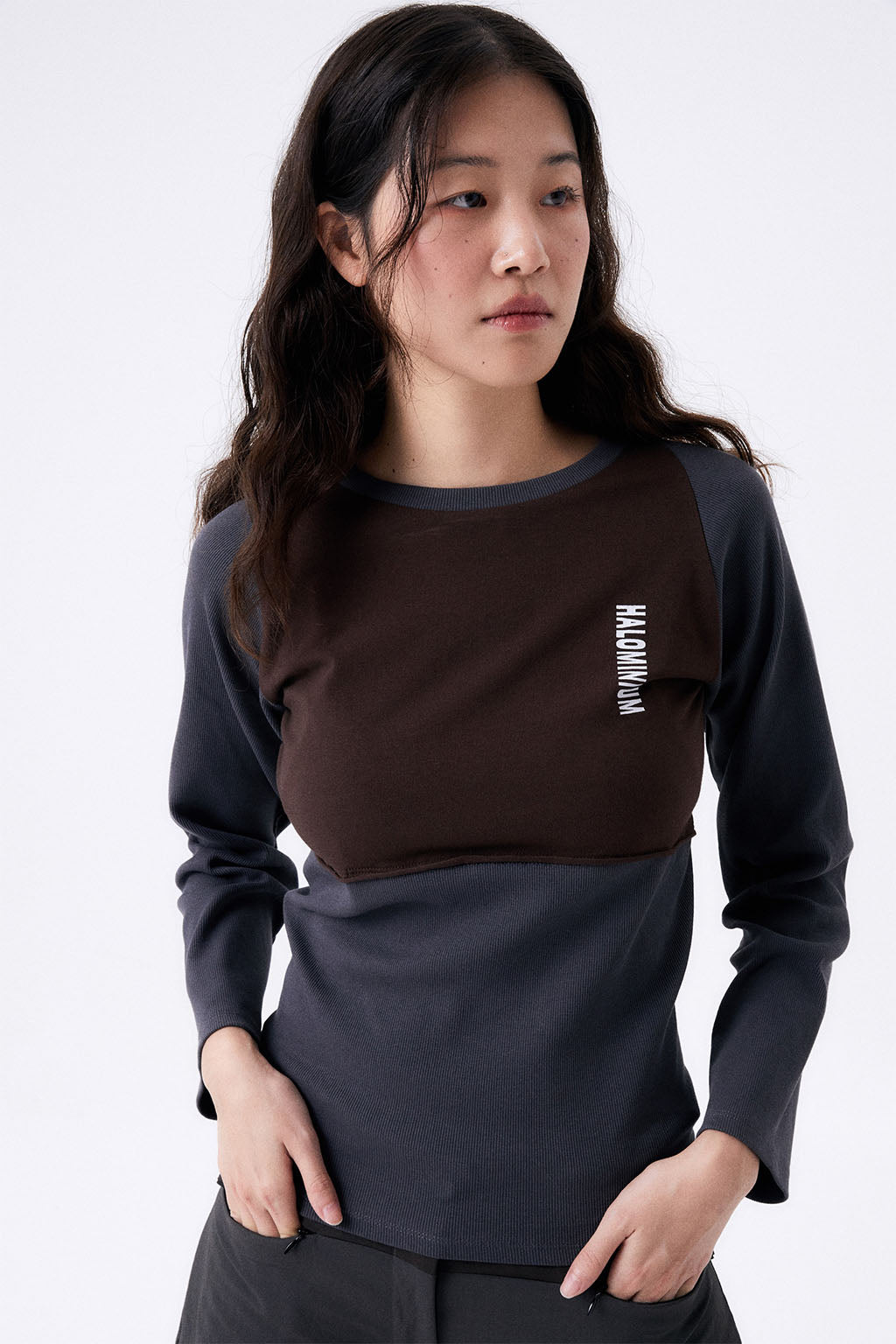 2 TONE RIB TIGHT TEE / GRAY & BROWN