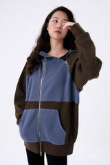 HEAVY WAFFLE ZIP UP HOODIE / BROWN & SKY BLUE