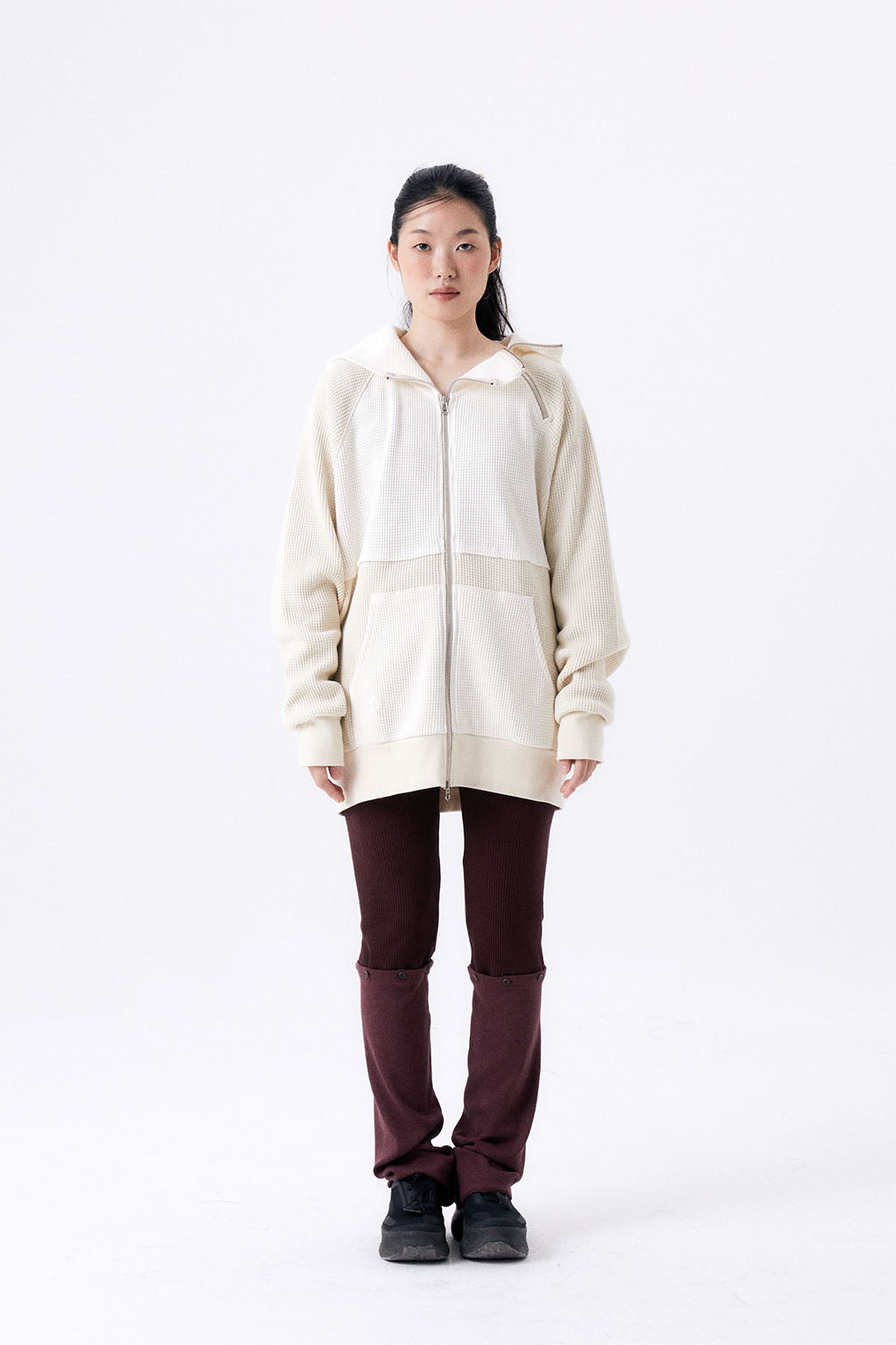 HEAVY WAFFLE ZIP UP HOODIE / IVORY & BEIGE