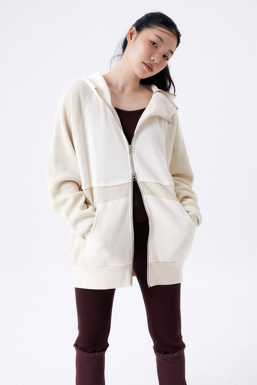 HEAVY WAFFLE ZIP UP HOODIE / IVORY & BEIGE