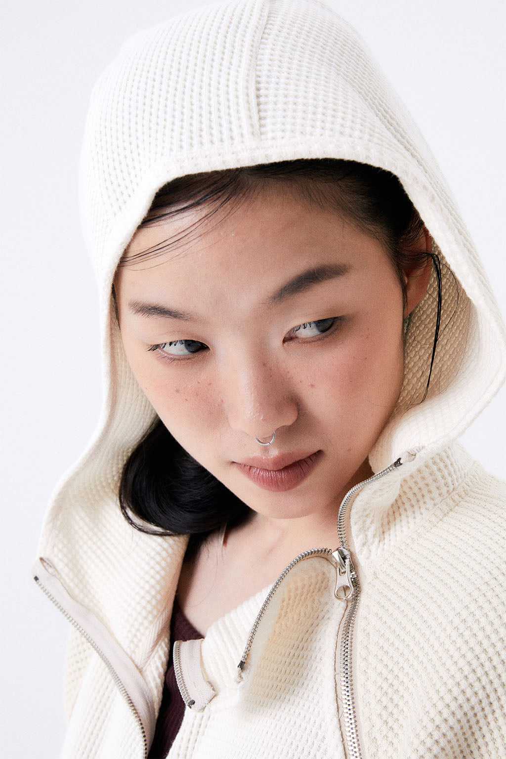 HEAVY WAFFLE ZIP UP HOODIE / IVORY & BEIGE