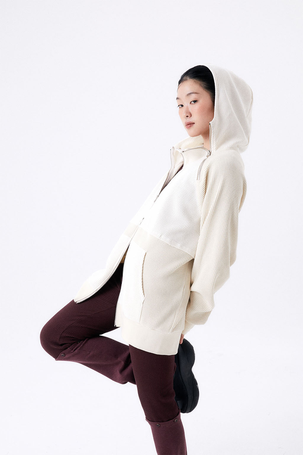 HEAVY WAFFLE ZIP UP HOODIE / IVORY & BEIGE