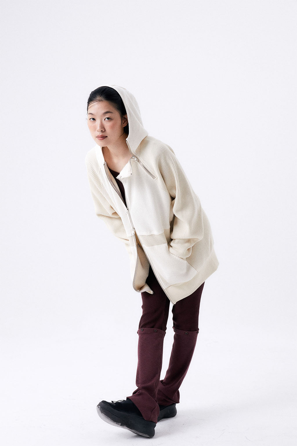 HEAVY WAFFLE ZIP UP HOODIE / IVORY & BEIGE