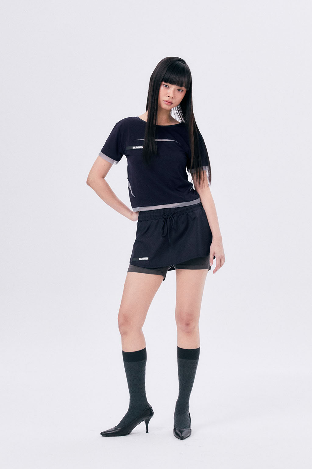 MICRO MESH SKIRT PANTS / NAVY